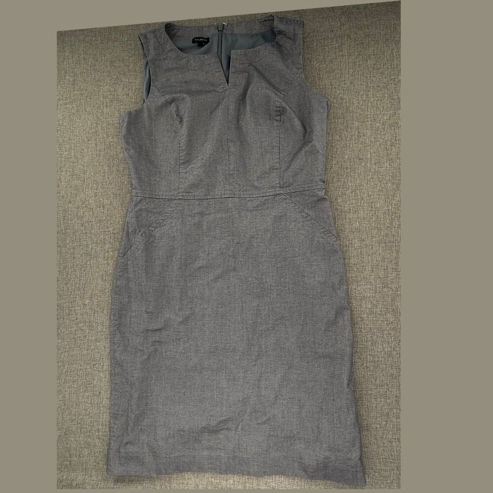 TALBOTS Sheath Dress Gray Sleeveless Cotton Blend Lined Size 12 Split Neck